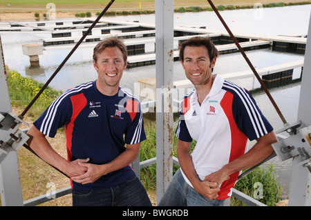 Rowing brothers Ross Hunter (left) and Mark Hunter MBE prepare for 2012 Olympics at start on Dorney Lake GB rowing venue in 2012