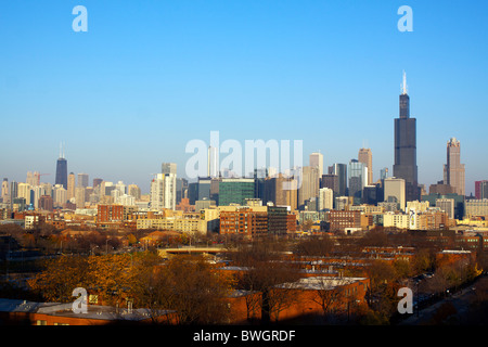 The Sears/Willis Tower dominates the Chicago skyline in this seasonal fall view from the west side of the city. Stock Photo