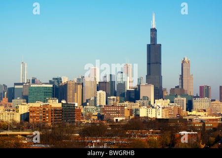 The Sears/Willis Tower dominates the Chicago skyline in this seasonal fall view from the west side of the city. Stock Photo