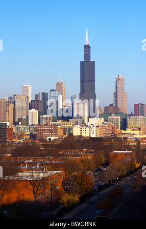 The Sears/Willis Tower dominates the Chicago skyline in this seasonal fall view from the west side of the city. Stock Photo
