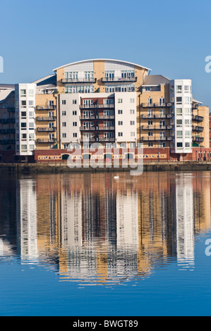 Waterfront apartments with balconies on the harbourside at Cardiff Bay South Wales UK Stock Photo