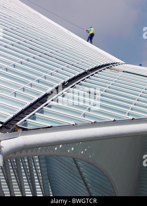 Workers on the roof of the station in Liège-Guillemin, Belgium, Europe Stock Photo