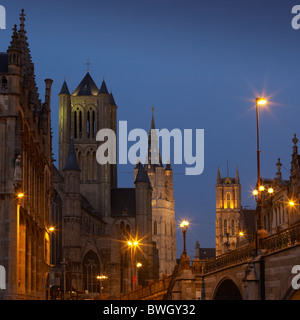 View of St. Michael's bridge with St. Nicholas church, Belfort belfry and St Bavo's cathedral in Ghent, Flanders, Belgium Stock Photo