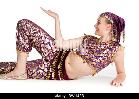 Studio shot of beautiful young girl in Turkish dancing costume Stock Photo