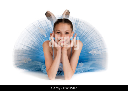 Studio shot of beautiful young ballet dancer in blue tutu Stock Photo