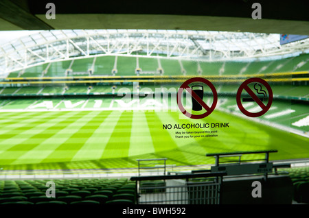 Ireland County Dublin City Ballsbridge Lansdowne Road Empty Aviva Football Stadium with No Smoking and No Drinking signs Stock Photo