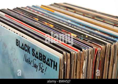 Box of vintage hard rock / heavy metal vinyl records Stock Photo