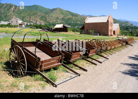 Display of Mormon Settler Hand Carts at Heritage Park in Utah Stock Photo