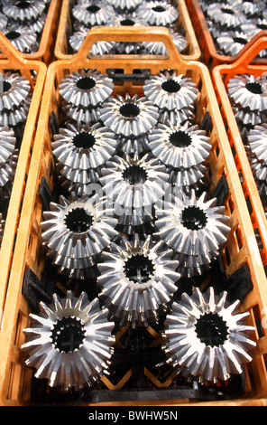 gearwheels bevel wheels steel metal gear transmission mechanics power transmission industry production achiev Stock Photo