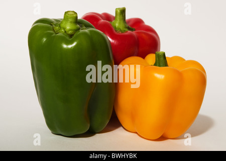 red yellow and green pepper huddled together against white background Stock Photo