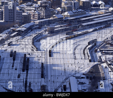 railway station Brig overview winter line snow railway railroad trains traffic transport Canton Valais Swi Stock Photo