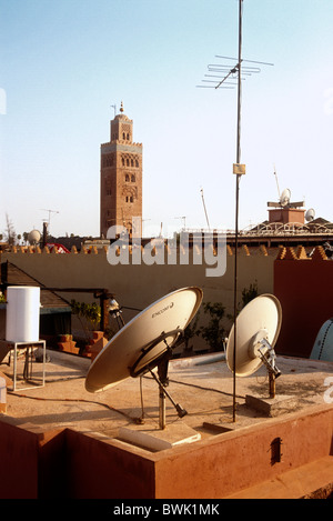 Satellite Dishes on Moroccan Roof, Marrakech, Morocco, North Africa. Stock Photo