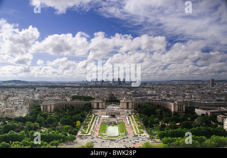 North West view over Paris From Eiffel Tower showing, Palais de Chhaillot, Jardins du Trocadero and La Defense in the distance Stock Photo