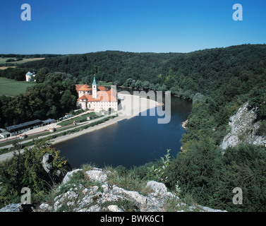 Danube scenery river scenery chapel on mountain Fraun cloister world castle in the riverside Danube Kelheim-Welt Stock Photo