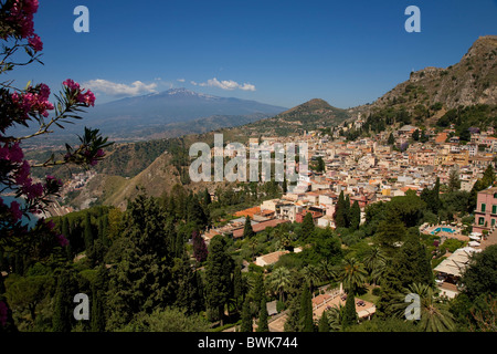 View from Taormina to Mount Etna, Taormina, province of Messina, Sicily, Italy, Europe Stock Photo