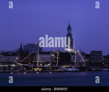 Hamburg at night night landing stages museum ship Hamburg Michel Saint Pauli Elbe Germany Europe Stock Photo