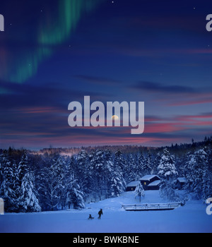 People in snow covered landscape at moonrise, Maihaugen, Lillehammer, Norway, Scandinavia, Europe Stock Photo