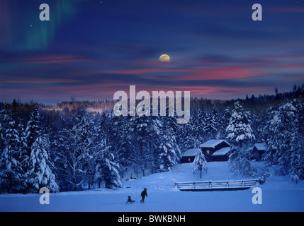 People in snow covered landscape at moonrise, Maihaugen, Lillehammer, Norway, Scandinavia, Europe Stock Photo