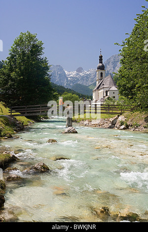 Germany Europe Bavaria Upper Bavaria Ramsau near Berchtesgaden parish church Saint Sebastian river bridge mou