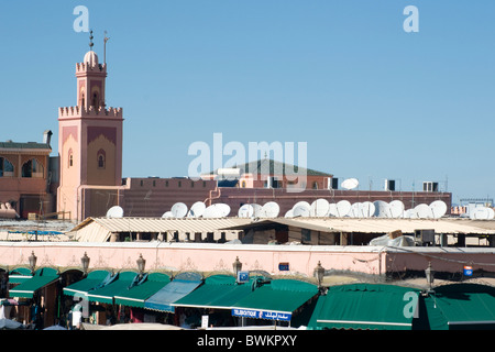 Mosque in Marrakech with Row of Satellite Dishes Stock Photo