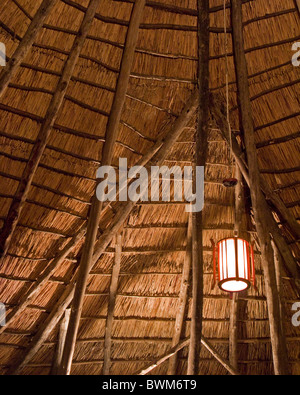 Looking up at the ceiling of the inside a traditionally-constructed great room in Tarangire, Tanzania. Stock Photo