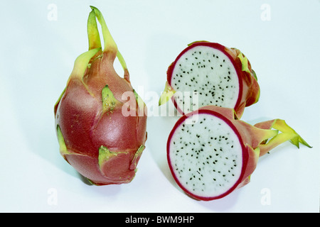 Red Pitaya, Dragonfruit (Hylocereus undatus), whole and halved fruit, studio picture. Stock Photo