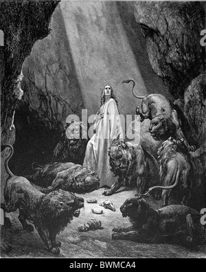 Gustave Doré; Daniel in the Lion's Den; Black and White Engraving Stock Photo