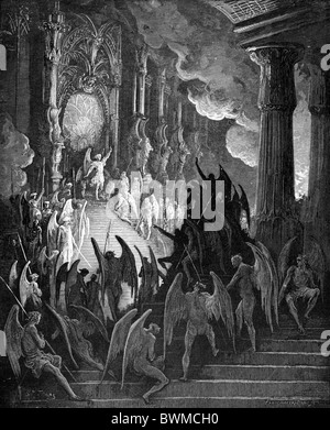 Gustave Doré; Black and White Engraving; Satan in Council from John Milton's Paradise Lost Stock Photo