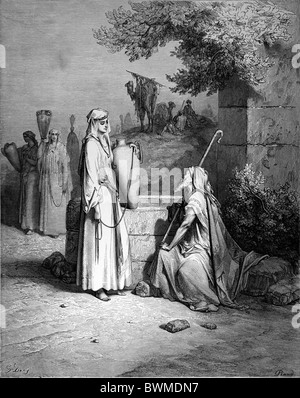 Gustave Doré; Rebecca meets Eliezer at the Well; Eliezer testing Rebecca; Black and White Engraving Stock Photo