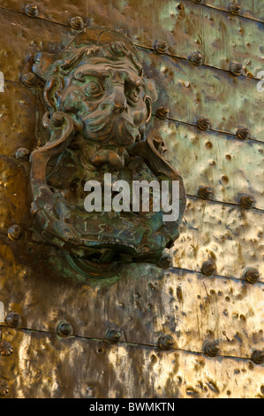 Brass lion door knocker in the Patio de los Narajos area of the Cathedral de Cordoba, a former medieval mosque in Cordoba, Spain Stock Photo