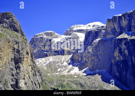 Aerial view of Canazei and Fassa valley with Saas Pordoi mount (Sella group) Pordoi pass and Fedaia pass dolomiti unesco Stock Photo