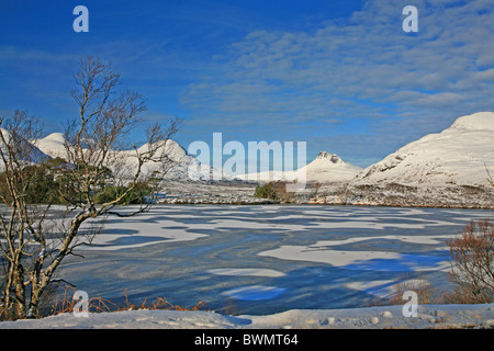 UK Scotland Wester Ross-shire Frozen Loch Drumrunie and mountains of Stackpolly and Culbeag Stock Photo
