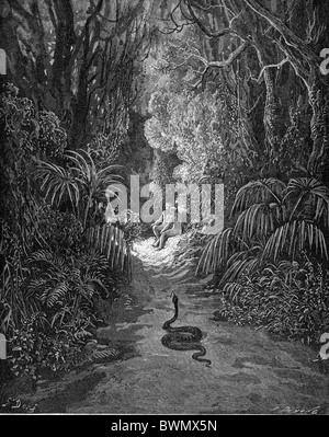 Gustave Doré; The Serpent approaches Adam and Eve in the Garden of Eden; Black and White Engraving Stock Photo