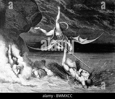 Gustave Doré; A Flight and Pursuit in Hell from Dante Aghlieri's Divine Comedy; Black and White Engraving Stock Photo