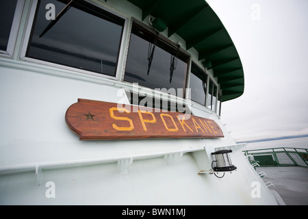 Name Plate for the Jumbo Class ferry, MV Spokane - Edmonds to Kingston Ferry - Washington State Ferries Stock Photo