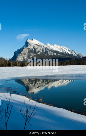 Banff, Alberta, Canada. Reflection of Rocky Mountains in Vermilion Lakes in Banff National Park. Stock Photo