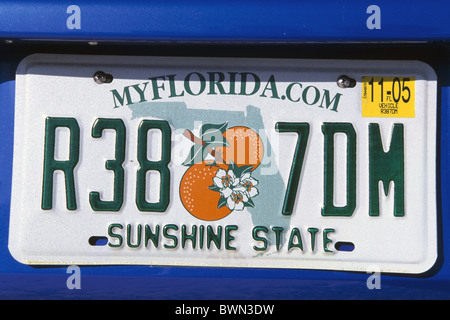 Florida USA America United States North America number plate licence plate registration plate Sunshine State Stock Photo