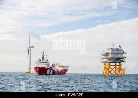 Working on installing the Walney 1 offshore wind farm off Barrow in Furness, Cumbria, UK. Stock Photo