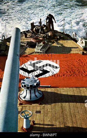 Second World War Nazi Germany Europe battle ship stern WW2 navy marine Kriegsmarine Wehrmacht flag banner Stock Photo