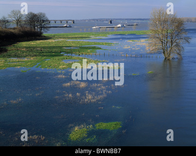 Germany Europe Wesel Lower Rhine North Rhine-Westphalia Lippe flows into the Rhine mouth river mouth high wate Stock Photo