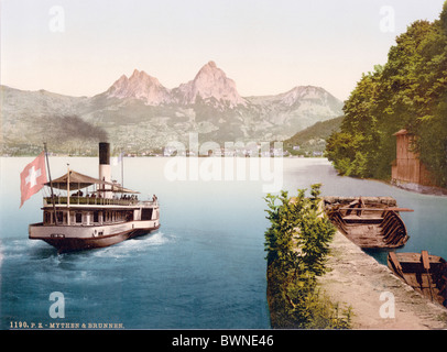 Switzerland Europe Brunnen Lake Lucerne Mythen mountains Photochrom history historic historical 1890-1910 al Stock Photo