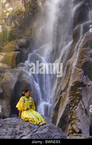 Mexico Central America America Tarahumara woman Cusarare Waterfall near Creel Copper Canyon Barranca del Cobre Stock Photo