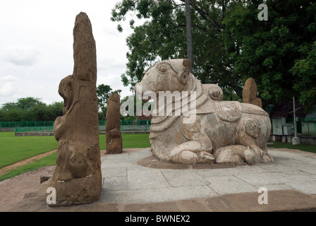 The Kailasanatha temple;nandi;simha or lion pillar; was built by the Pallavas in the early 8th century CE. in Kanchipuram. Stock Photo