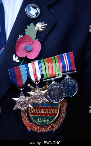 Medals for bravery worn with poppy by war veteran at the Field of Remembrance at St Margaret's Church in Westminster, London Stock Photo