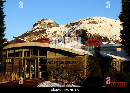 Arthur's Seat in snow as seen from Pollock Halls Edinburgh University Stock Photo