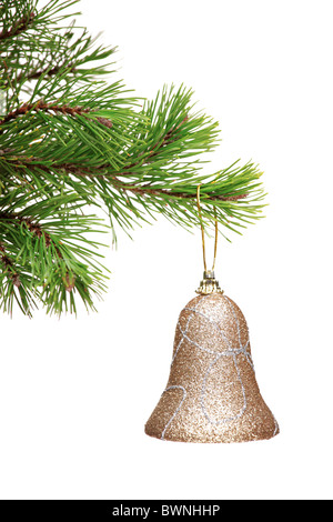 Gold bell hanging on a green Christmas tree branch Stock Photo