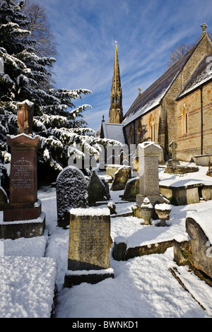 St Catwg's church, Pentyrch, South Wales, after a fall of snow. Stock Photo