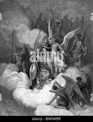 Gustave Doré; Abdiel and Satan from John Milton's Paradise Lost; Black and White Engraving Stock Photo