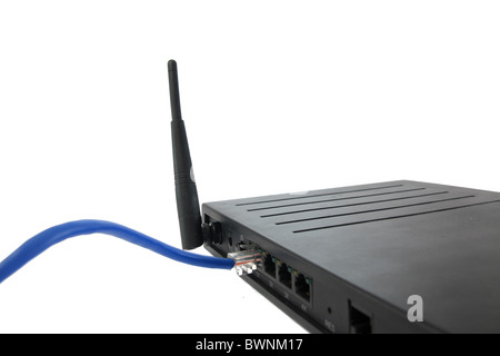 Cables and modem, communication technology background Stock Photo