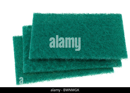 Three green nylon pan scourers Stock Photo